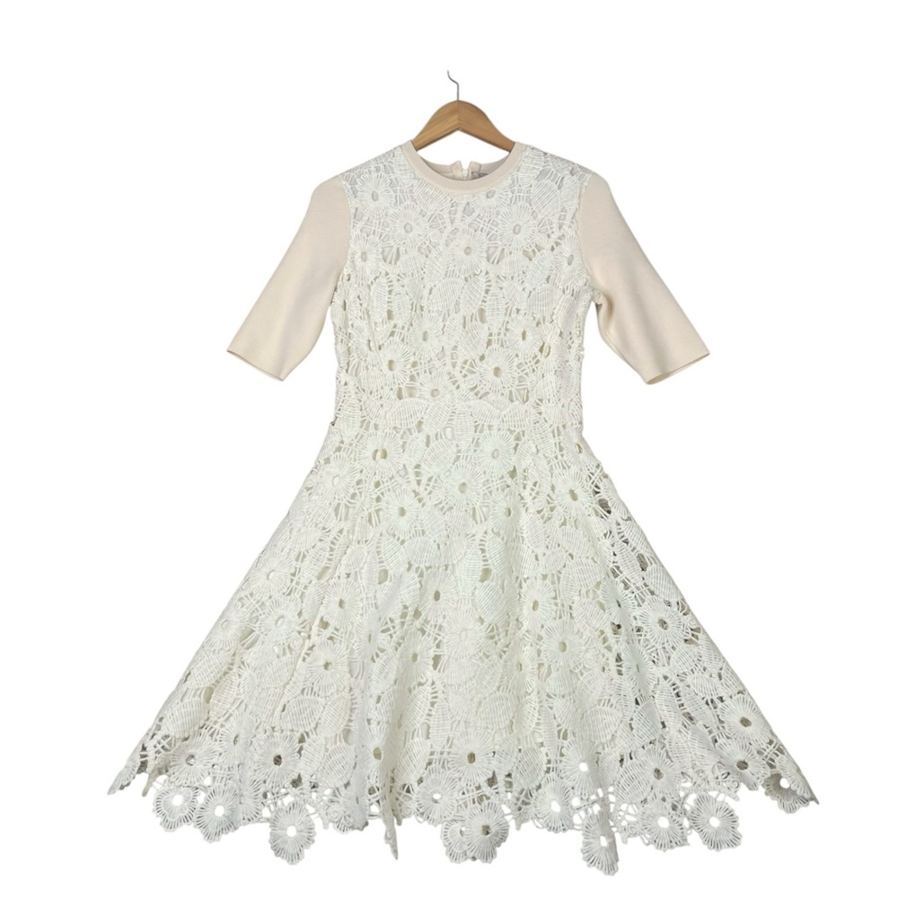 LELA ROSE LACE KNITTED Ivory Pink Wool Sweater Dress M Crochet A-Line $1595 EUC